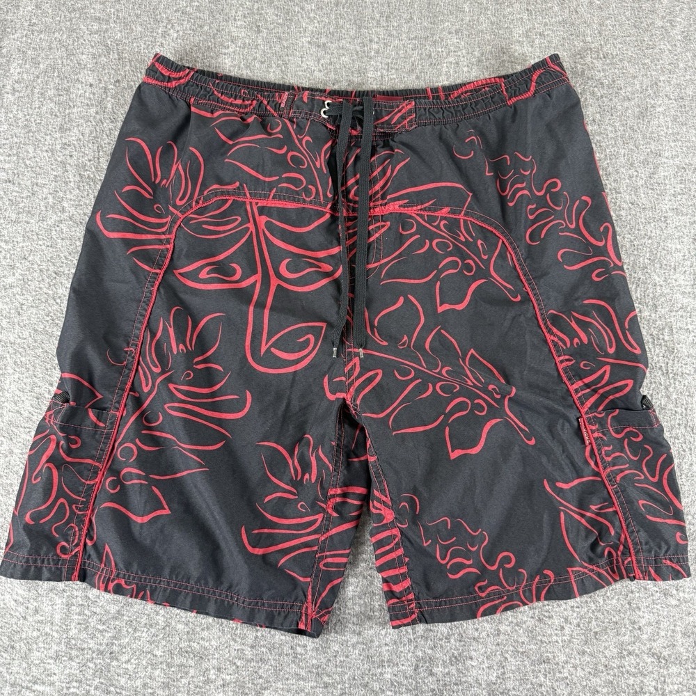 Basix Men Board Shorts Size L Black Red Floral Swim Trunks Surf Beach